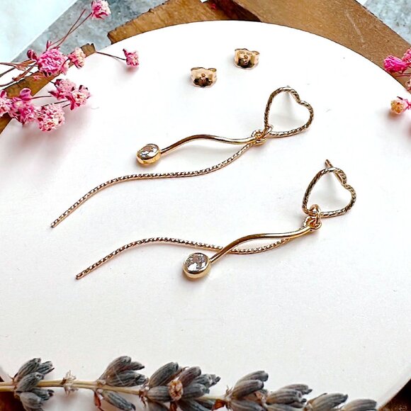 Sparkly Heart Stud Long Dangle Earrings with Cubic Zirconia | Handmade in BC - Picture 4 of 5